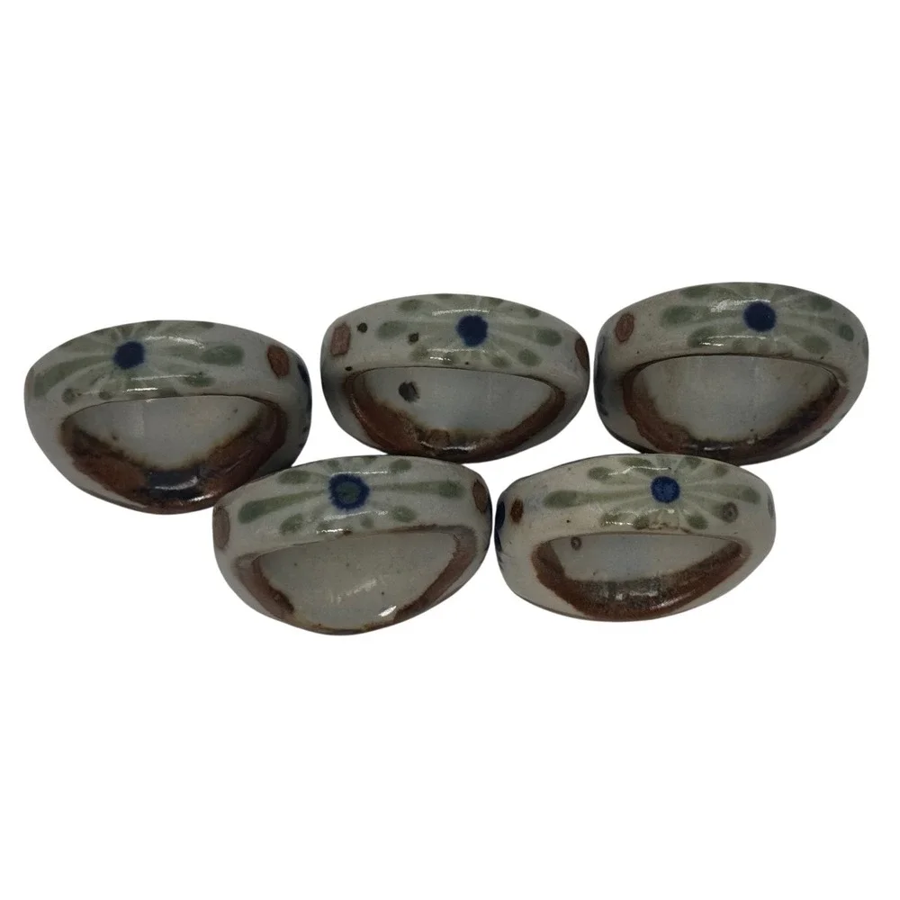 Vintage Ken Edwards Tonala Mexican Pottery Napkin Rings Set of 5 Signed KE Bird